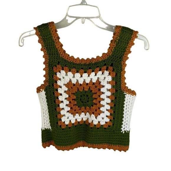 Homemade size Small Crochet Knit Cropped Tank Top Green White Brown - Picture 2 of 2